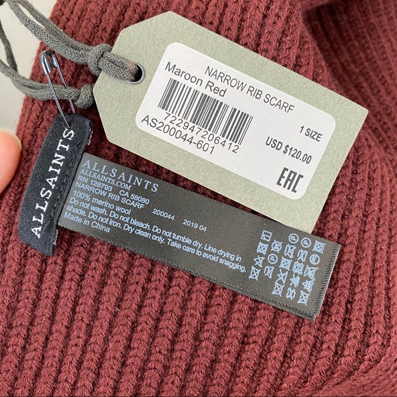 All Saints Narrow Rib Scarf Maroon Merino Wool - Picture 4 of 5